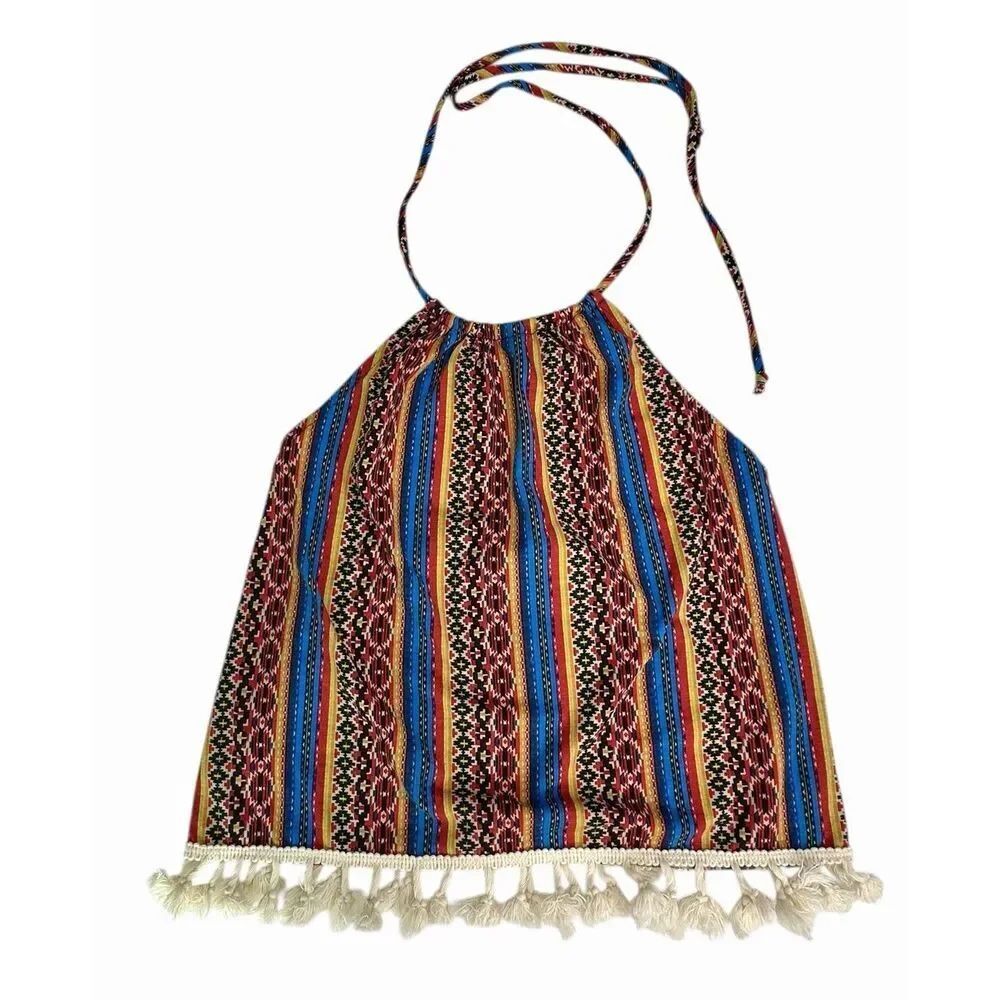 LA Hearts Halter Top Women’s XS Boho Tribal Print Tassel Hem Festival
